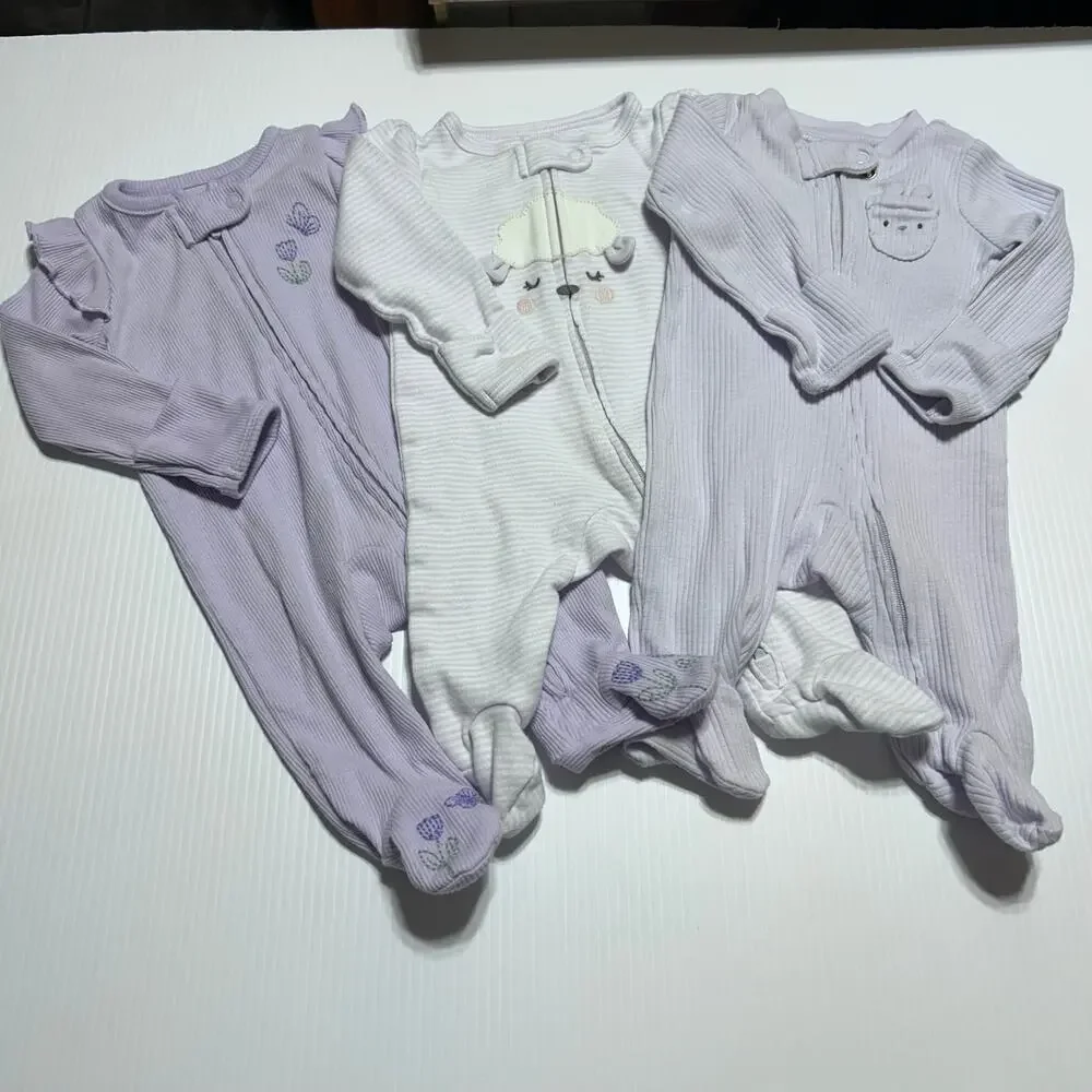 3 Carters NB Newborn Sleepers Purple Lavender Long Sleeve Footed Bunny Lamb